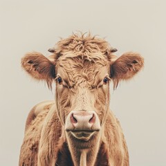 Wall Mural - Medium shot of a cow full body shot, isolated on a light solid pastel white background, 