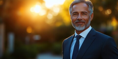 A professional man stands confidently outdoors, smiling as the sun sets behind him