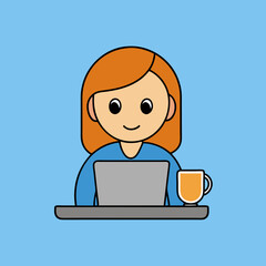 Sticker - Woman Operating Laptop With Coffee Cartoon Vector Icon Illustration