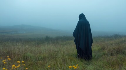 Poster - Mysterious Figure in Foggy Landscape