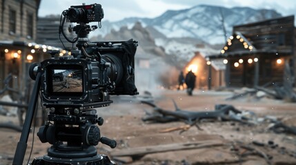 Fototapete - A camera on a tripod captures a dramatic scene of a Western film set, with smoke and distant figures amid a rugged landscape at dusk.