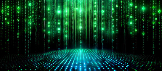 futuristic green and blue digital matrix grid with copy space, abstract technology background