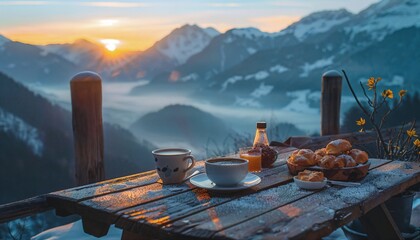 Wall Mural - a wooden table topped with a bowl of fruit and a cup of coffee