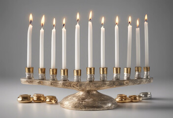 Set of traditional golden and silver menorah with candles collection isolated on transparent backgro