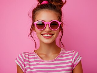 Wall Mural - portrait of a cute girl in pink sunglasses