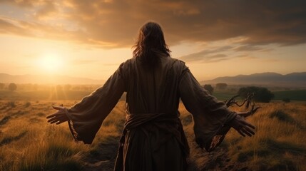 Jesus christ embracing humanity  salvation and resurrection in vibrant sunset landscape