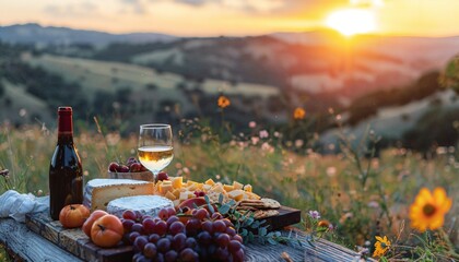 Wall Mural - a bottle of wine and a glass of wine on a table with cheese and fruit