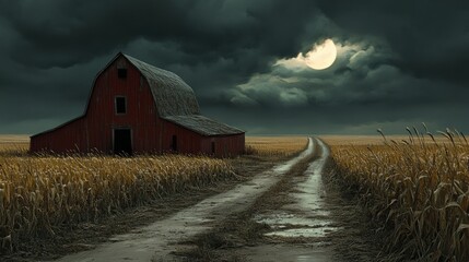 Canvas Print - Mysterious Barn Under Moonlit Clouds