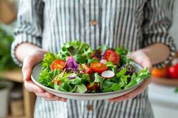 Wall Mural - Woman holds a freshly prepared salad with fresh vegetables against the backdrop of a cozy kitchen. Close-up. Proper nutrition