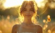 © Igal - A beautiful teenage girl, dressed in a casual short dress, basks in the summer sunlight outdoors, radiating warmth and romantic charm, her presence glowing in the golden sunshine.