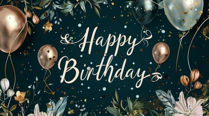 Poster - A vibrant birthday greeting adorned with balloons and flowers, creating a festive atmosphere for a special occasion.