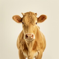 Wall Mural - Medium shot of a cow full body shot, isolated on a light solid pastel white background, 