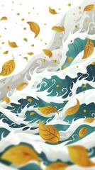 Wall Mural - Dynamic Waves with Autumn Leaves Falling