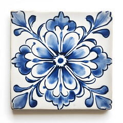 Majolica floral blue folk ceramic tile isolated on white background. Talavera style with navy blue floral ornament. Traditional Portuguese and Spain decor