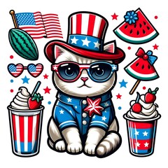 Wall Mural - Patriotic Cat with Watermelon and Milkshakes