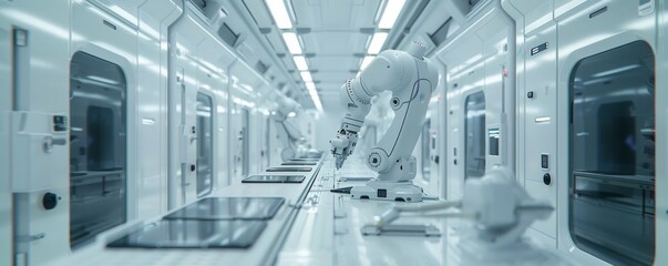 Poster - High-tech laboratory with robotic arm, automation in research and manufacturing