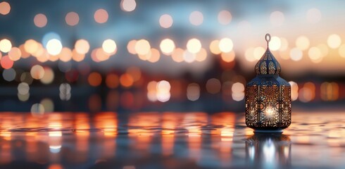 Wall Mural - Decorative Lantern Illuminating a Warm Evening Glow at Dusk