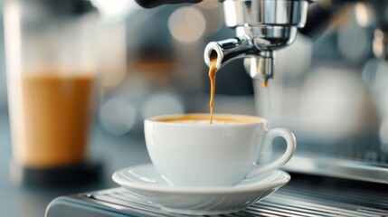 Sticker - Pouring Freshly Brewed Coffee Into a White Cup on a Dark Table