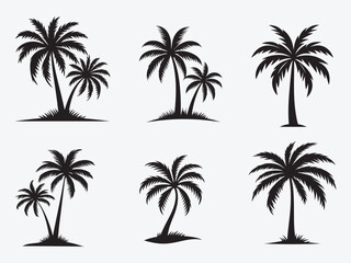 Wall Mural - Black Palm Trees Set Isolated On White Background. Palm Silhouettes. Design Of Palm Trees For Posters, Banners, And Promotional Items. Vector Illustration.