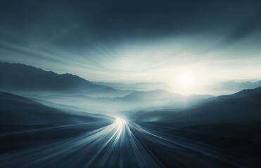 Wall Mural - Fast-Moving Vehicle on Open Road at Sunrise in Mountain Landscape