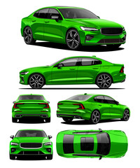 Realistic vector isolated 3d illustration green car blueprint in front, back, side and isometric view