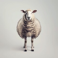 Medium shot of a sheep, isolated on a light solid pastel white background 