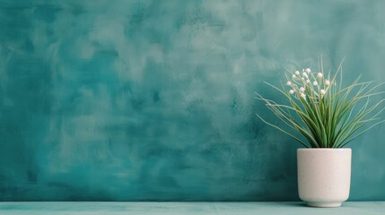 Wall Mural - Indoor Potted Palm Plant Against Mint Green Wall With Sunlight Shadows