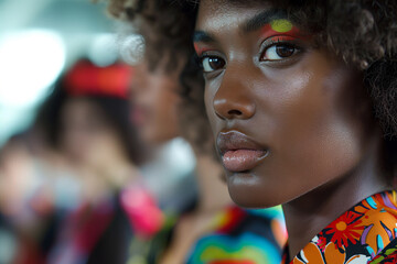 Close-up shot of model on the runway, focusing on the intricate details of the clothing.