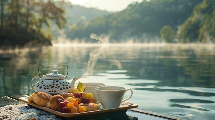 Wall Mural - a tray of food sitting on a table next to a body of water