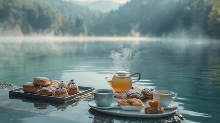 Wall Mural - a tray of pastries sitting on a table next to a lake