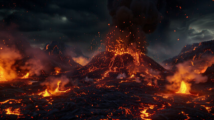 The volcano spews out streams of lava, and the burning magma illuminates the surroundings. The effect of fire and smoke combined with the dark night background creates a dramatic and intense image