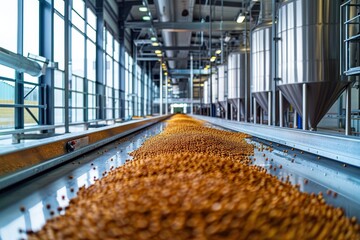 Poster - Industrial food production line in a modern factory with nuts on conveyor belt