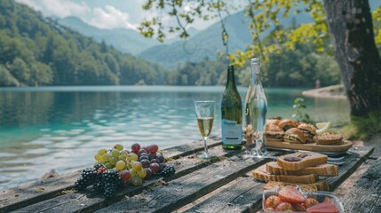 Wall Mural - a wooden table topped with plates of food and a bottle of wine