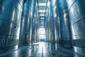Poster - Industrial interior of a modern factory with large metal silos and clean reflective floors