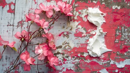 Wall Mural - White facial cream and pink blooms on vibrant weathered timber