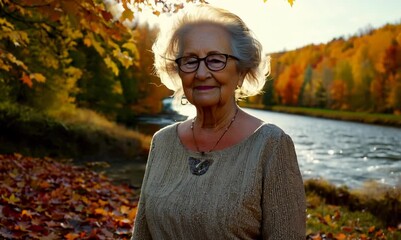 Wall Mural - Portrait of a senior woman standing by the river in autumn.