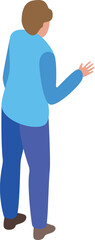 Poster - Businessman in blue suit gesturing with his hand, isometric view from behind