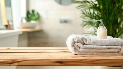 Fototapete - Cozy wooden bathroom table empty copy space background mock up with blurred bathroom backdrop. Wooden table with towels and plants with empty copy space for design and ads