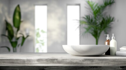 Fototapete - Cozy wooden bathroom table empty copy space background mock up with blurred window backdrop. Wooden table with sink and towels with cosmetic bottles and plant with empty copy space for design and ads