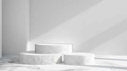 Leinwandbilder - Empty circle round cylindric marble stone white podiums stages table in white empty studio room with sunlight beams from windows. White empty table stage mock up background for products and design