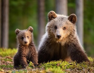 Two young brown bear cub in the forest. Portrait of brown bear, animal in the nature habitat. Wildlife scene from Europe. Cub of brown bear without mother