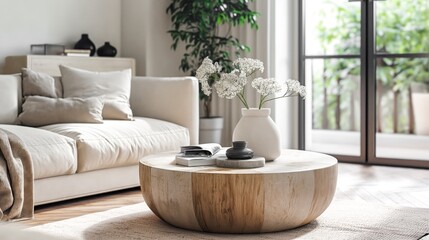 Poster - A cozy living room with a rustic wooden coffee table, adorned with a white vase of delicate flowers, a small black vase, and books. A beige couch with plush cushions, large windows, and a green plant