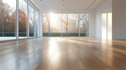 Canvas Print - Bright Modern Interior With Wooden Floor and Large Windows Overlooking Autumn Trees