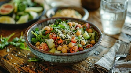 a wooden table topped with a bowl of salad