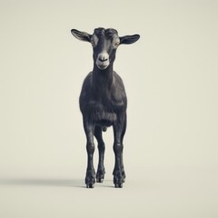 Wall Mural - Medium shot of a black goat full body shot, isolated on a light solid pastel white background,