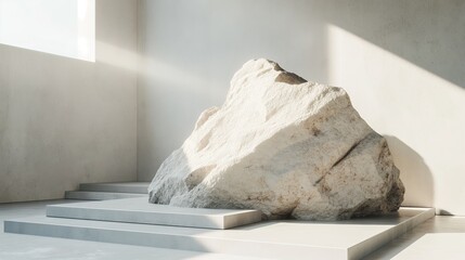 Poster - Stone table podium stage mock up in stone concrete marble room, stone podium mock up platform marble empty room copy space pedestal product placement template for cosmetic products empty room