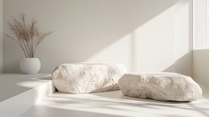 Poster - Stone podium stage mock up in stone concrete marble room, stone podium mock up platform marble empty room copy space pedestal product placement template for cosmetic products empty room