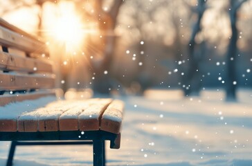 Wall Mural - Sunset Over Icy Park Bench in Winter Wonderland