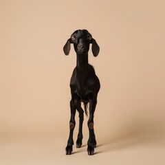 Wall Mural - Medium shot of a black goat full body shot, isolated on a light solid pastel white background,