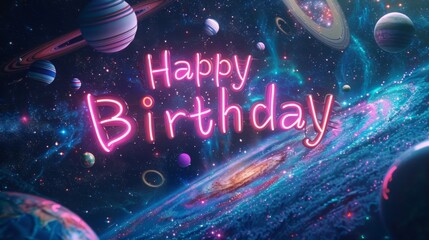 Wall Mural - Bright letters spell out Happy Birthday against a vibrant cosmic background filled with planets and stars.